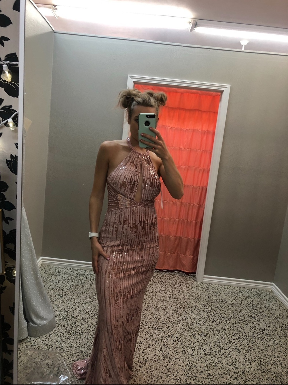 Sleeveless Sequined Halter Evening Gown - Rose Gold